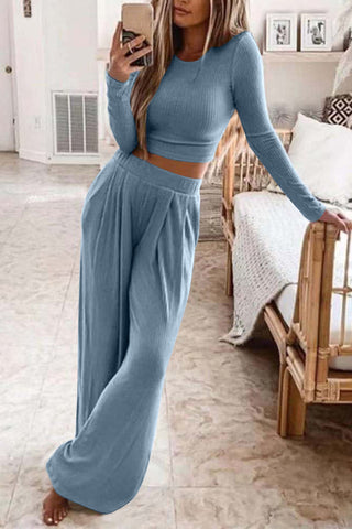 Sonicelife-Solid Color Ribbed Crop Top Long Pants Set