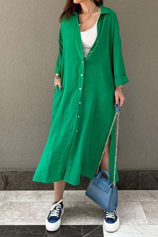 Sonicelife Solid Color Single-breasted Slit Shirt Dress