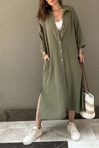 Sonicelife Solid Color Single-breasted Slit Shirt Dress