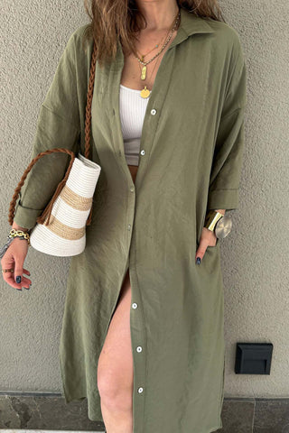 Sonicelife Solid Color Single-breasted Slit Shirt Dress