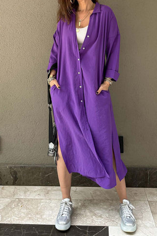 Sonicelife Solid Color Single-breasted Slit Shirt Dress