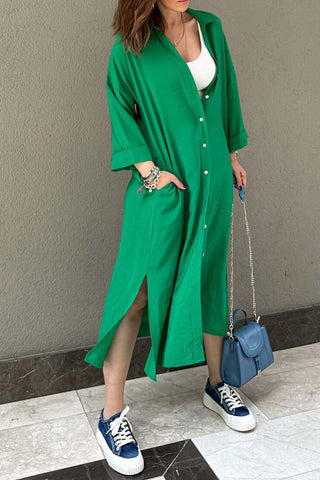 Sonicelife Solid Color Single-breasted Slit Shirt Dress