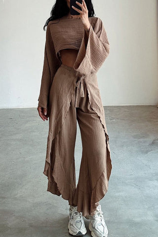 Sonicelife Solid Crop Top Slit Pants Suits