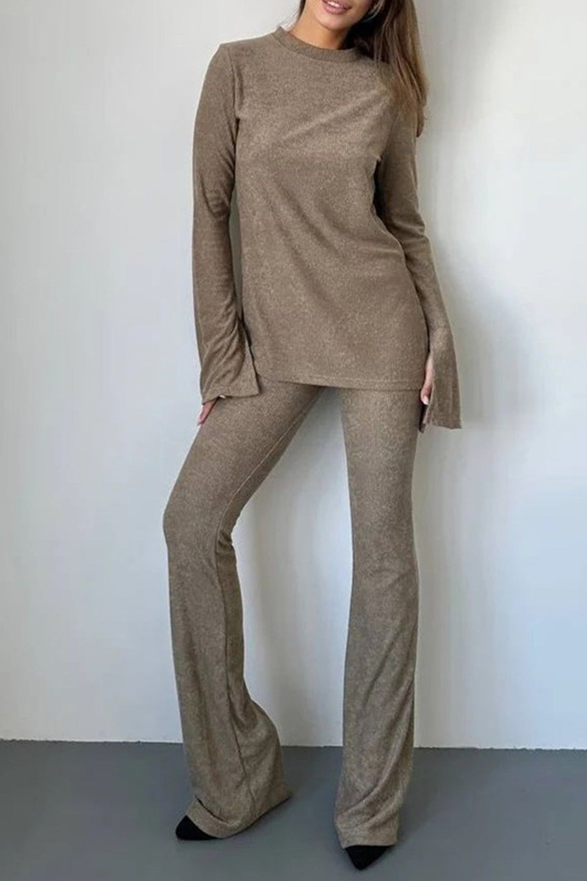 Sonicelife-Solid Flares Sleeve Knit Tops Long Pants Set