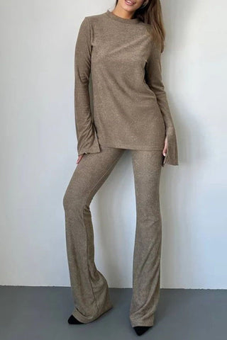Sonicelife-Solid Flares Sleeve Knit Tops Long Pants Set