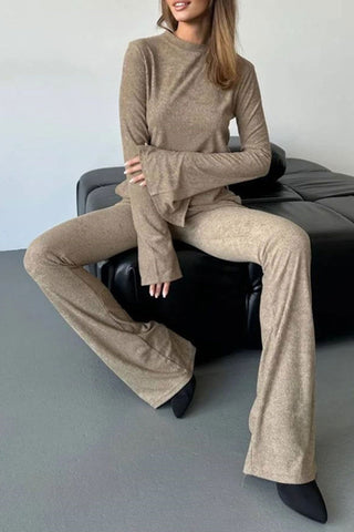 Sonicelife-Solid Flares Sleeve Knit Tops Long Pants Set