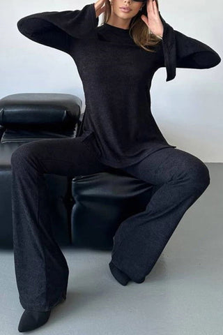 Sonicelife-Solid Flares Sleeve Knit Tops Long Pants Set