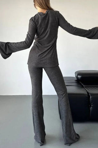 Sonicelife-Solid Flares Sleeve Knit Tops Long Pants Set