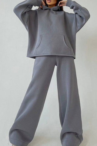 Sonicelife-Solid Hoodie Wide Leg Long Pants Suits