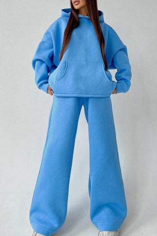 Sonicelife-Solid Hoodie Wide Leg Long Pants Suits