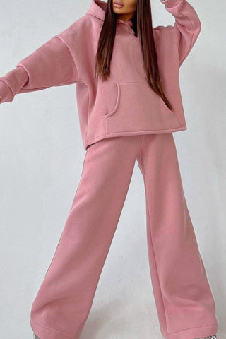 Sonicelife-Solid Hoodie Wide Leg Long Pants Suits