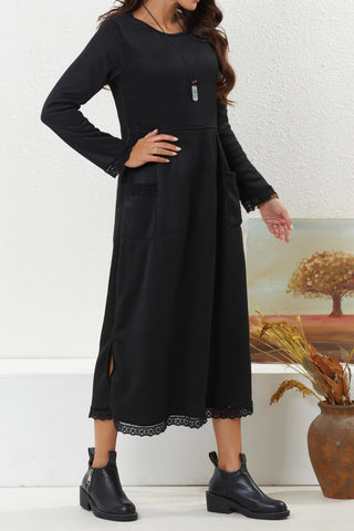 Sonicelife Solid Pocketed Lacework Hem Dress