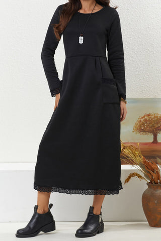 Sonicelife Solid Pocketed Lacework Hem Dress