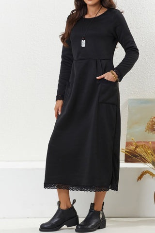 Sonicelife Solid Pocketed Lacework Hem Dress