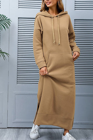 Sonicelife Solid Pocketed Slit Hem Hoodie Dress