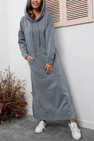 Sonicelife Solid Pocketed Slit Hem Hoodie Dress