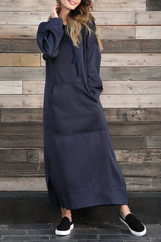 Sonicelife Solid Pocketed Slit Hem Hoodie Dress