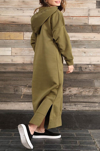 Sonicelife Solid Pocketed Slit Hem Hoodie Dress