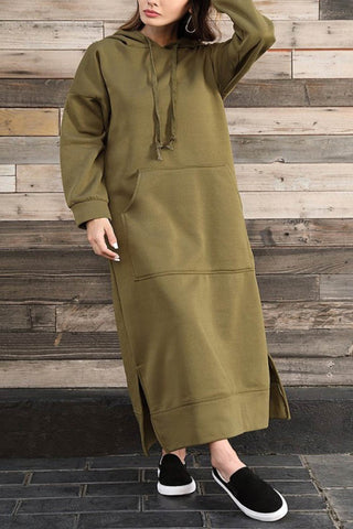 Sonicelife Solid Pocketed Slit Hem Hoodie Dress