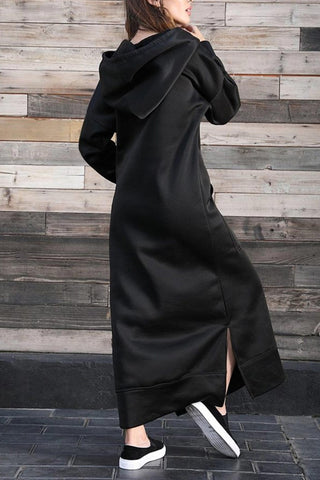 Sonicelife Solid Pocketed Slit Hem Hoodie Dress