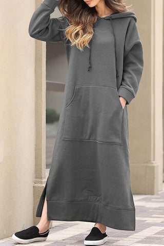 Sonicelife Solid Pocketed Slit Hem Hoodie Dress