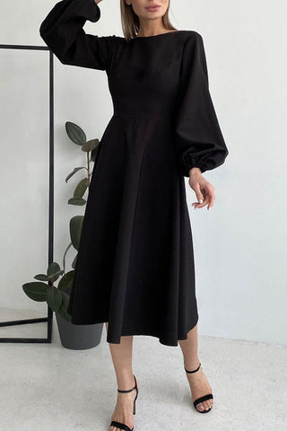 Sonicelife Solid Color Backless Lantern Sleeve Midi Dress