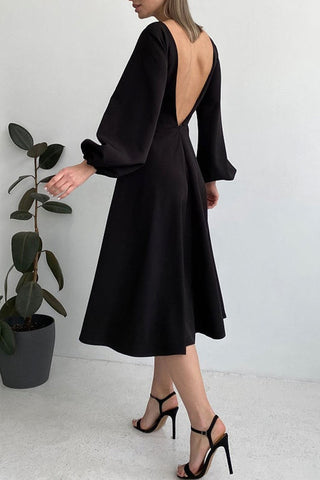 Sonicelife Solid Color Backless Lantern Sleeve Midi Dress