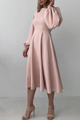 Sonicelife Solid Color Backless Lantern Sleeve Midi Dress