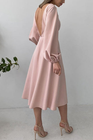 Sonicelife Solid Color Backless Lantern Sleeve Midi Dress