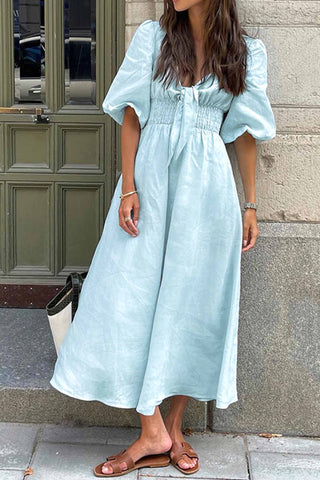 Sonicelife Solid Color Puff Sleeve Knot Midi Dress