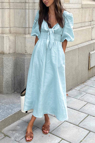 Sonicelife Solid Color Puff Sleeve Knot Midi Dress