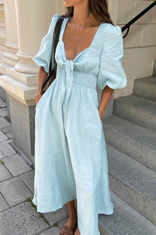 Sonicelife Solid Color Puff Sleeve Knot Midi Dress