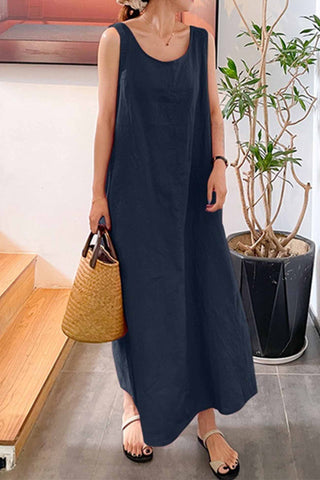 Sonicelife Cotton Round Neck Sleeveless Midi Dress