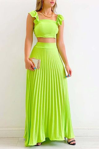 Sonicelife-Solid Color Ruffled Top Pleated Skirt Set