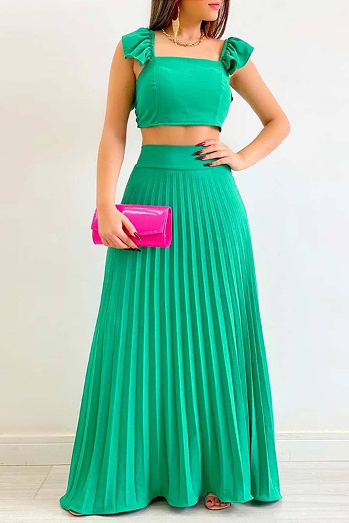 Sonicelife-Solid Color Ruffled Top Pleated Skirt Set