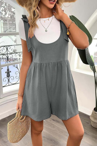 Sonicelife-Solid Color Shoulder Bow Pocket Rompers