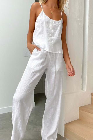 Sonicelife-Solid Color Cotton Spaghetti Straps Long Pants Set