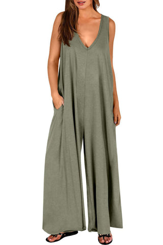 Sonicelife-Solid V Neck Pocket Wide Leg Jumpsuits