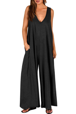 Sonicelife-Solid V Neck Pocket Wide Leg Jumpsuits