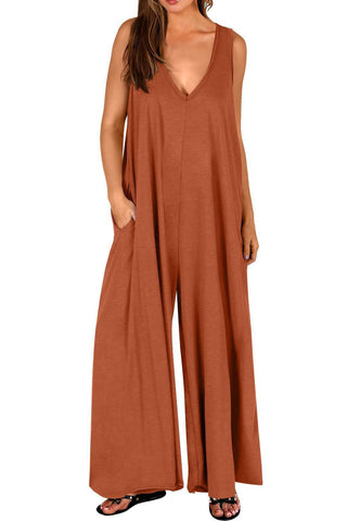 Sonicelife-Solid V Neck Pocket Wide Leg Jumpsuits