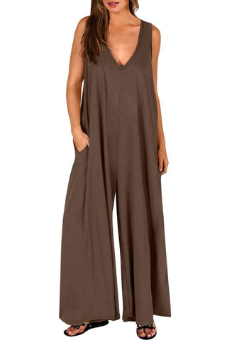 Sonicelife-Solid V Neck Pocket Wide Leg Jumpsuits