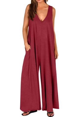 Sonicelife-Solid V Neck Pocket Wide Leg Jumpsuits