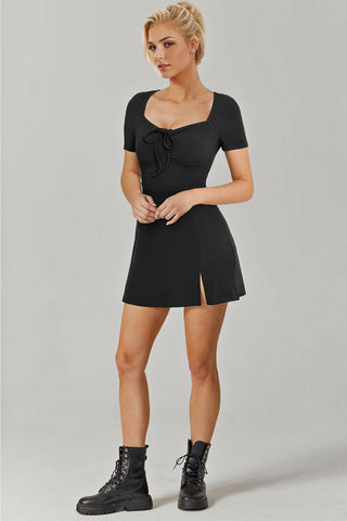 Sonicelife hoco dresses-Square Neck Short Sleeve Mini Dress