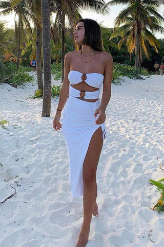 Sonicelife Strapless Cutout Drawstring Side Slit Dress