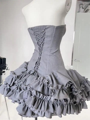Sonicelife Strapless Double Breasted Ruffle Tiered Mini Dress