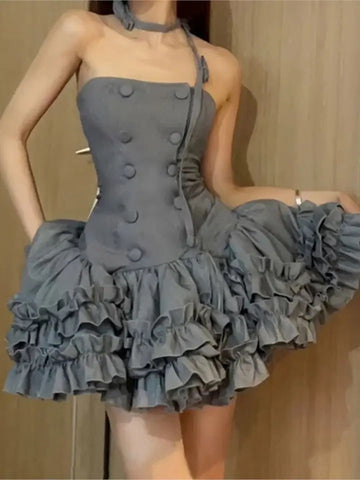 Sonicelife Strapless Double Breasted Ruffle Tiered Mini Dress
