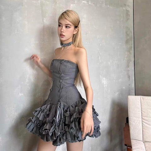 Sonicelife Strapless Double Breasted Ruffle Tiered Mini Dress