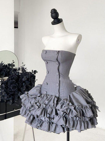 Sonicelife Strapless Double Breasted Ruffle Tiered Mini Dress