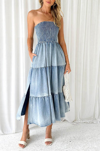 Sonicelife Strapless Tiered Slit Denim Dress