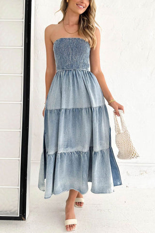 Sonicelife Strapless Tiered Slit Denim Dress